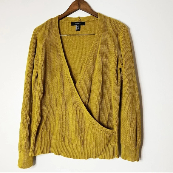 100% Cotton Knit Sweater Wrap Front Pea Green Mustard Yellow Medium Fall Casual - Picture 1 of 7